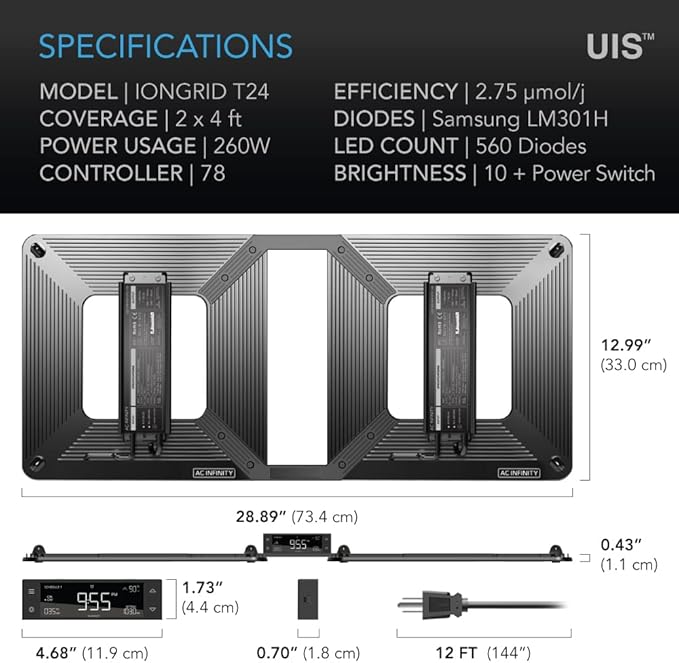 AC Infinity IONGRID T24, LED Grow Light with Samsung LM301H Diodes, Full Spectrum Deeper Penetration Halo Coverage, Digital Dimming Controller, for Veg Bloom Indoor Plants in Grow Tents Greenhouses