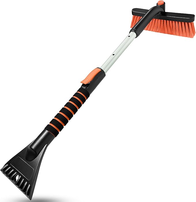 SEAAES Ice Scraper with Snow Brush for Car Windshield, Upgraded Extendable Snow Brush with Foam Grip for Truck SUV Vehicle Windows - Orange