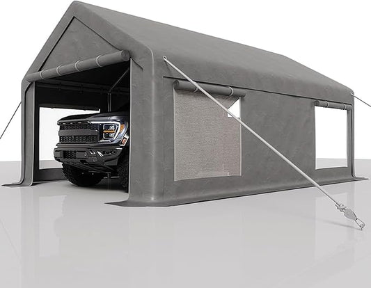 13X20Ft Waterproof Carport Canopy with Roll-Up Mesh Windows & Double Zipper Doors, 200g PE Tarp Cover for Cars, Trucks, SUVs, RVs, Boats & Outdoor Equipment Storage, Grey