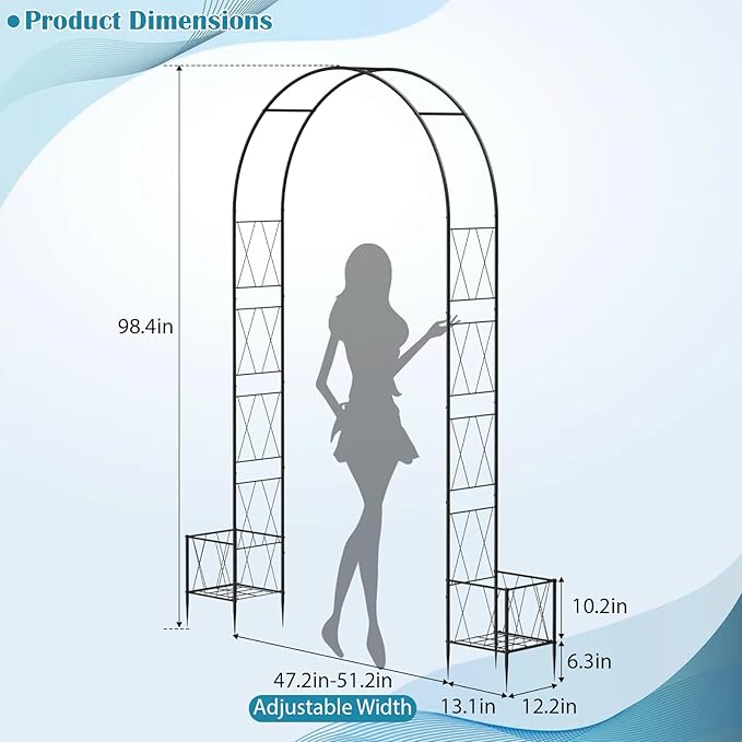 8.2 Ft Garden Arch Trellis for Climbing Plants Outdoor, Wedding Arch Frame for Ceremony Garden Arbors and Arches with 2 Planter Boxes, Metal Arch Backdrop Stand for Party Halloween Archway, Black