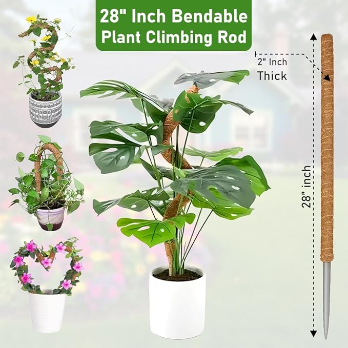 2 Pack Moss Pole for Plants Monstera, 28 Inch Bendable Plant Pole for Plant Support, Coco Coir Moss Poles for Climbing Plants, Handmade Moss Sticks for Creeper Plants Grow Upwards
