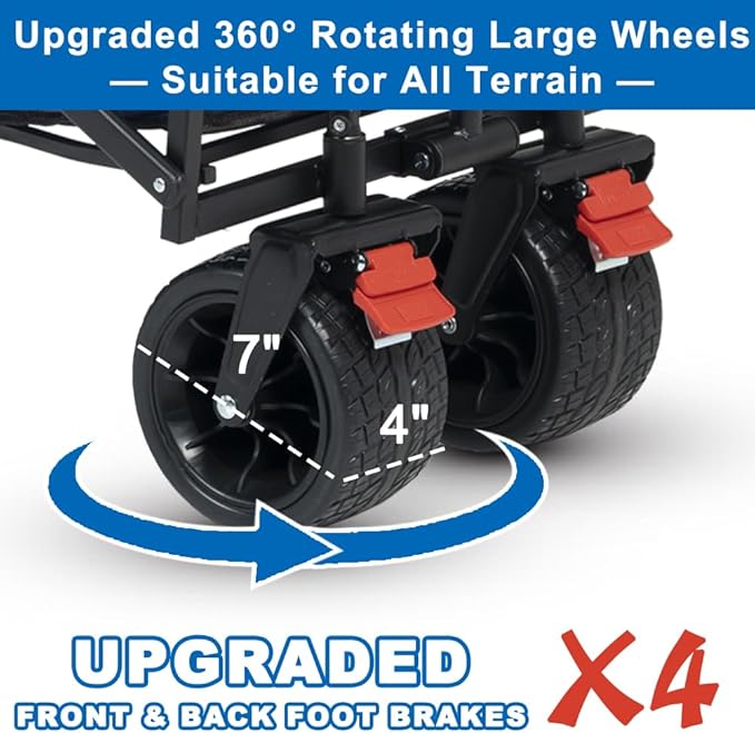 SKYMANOR Collapsible Wagon with Removable Canopy, 3-in-1 Heavy Duty Garden Cart with Big All-Terrain Wheels, Brakes, Adjustable Push Pull Handle, Cooler Bag, 300LBS Wagon Cart for Camping (Blue)