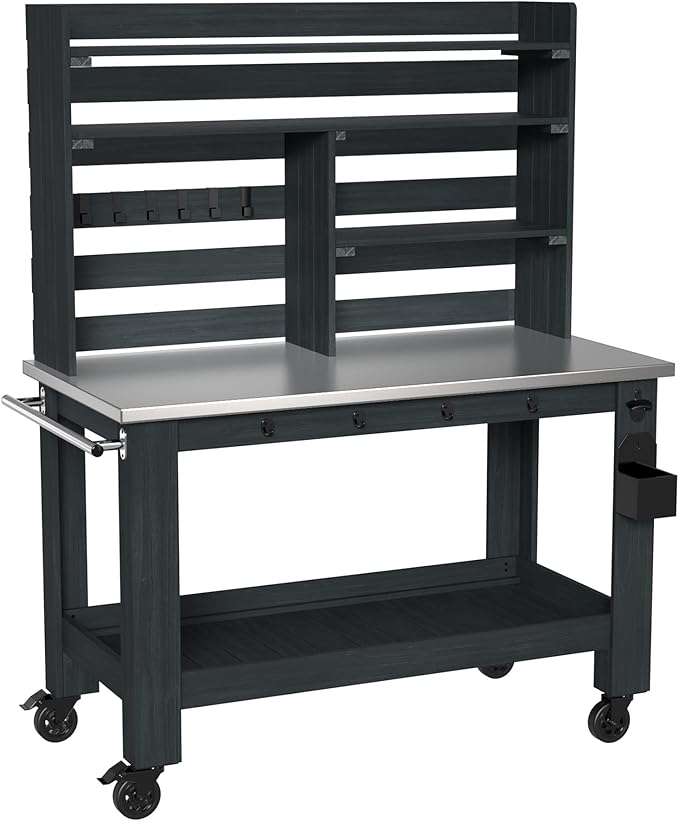 GDLF Potting Bench Table Large Outdoor Kitchen Island Prep Station with Stainless Steel Top Waterproof Cover, Hardwood, 66.9" H