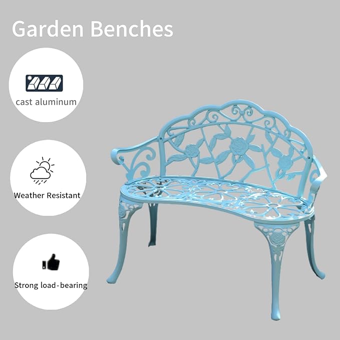 KAILI Garden Bench, Metal Aluminum Rose, Suitable for Garden Porch Park Front Porch Balcony Outdoor (Light Blue)