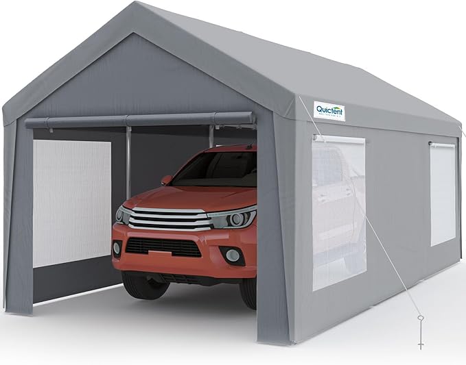 Quictent 10x20 ft Heavy Duty Carport Canopy Galvanized Car Tent Outdoor Garage Boat Shelter with Reinforced Structure with Roll-up Ventilated Windows Sidewall - Gray