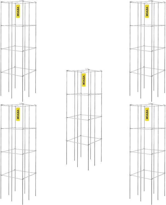 VEVOR Tomato Cages, 11.8" x 11.8" x 46.1", 5 Packs Square Plant Support Cages, Silver PVC-Coated Steel Tomato Towers for Climbing Vegetables, Plants, Flowers, Fruits