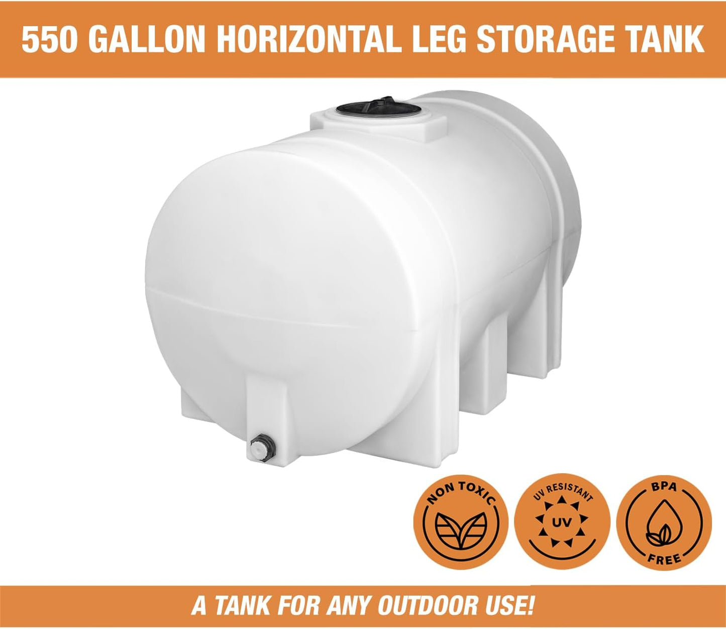 RomoTech 82124269 Horizontal Polyethylene Reservoir Water Tank w/Legs, 550 gal, Made in USA, Natural Poly Tank for Non-Flammable Liquids, UV-Resistant, Ideal for Agricultural Use, RV Water Storage