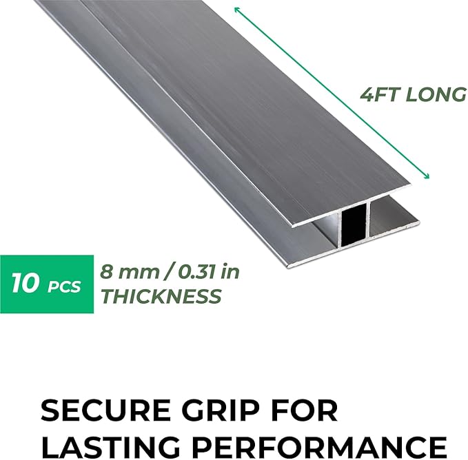 Aluminum H Connectors - Fits 4mm, 6mm, 8mm, or 10mm Twin-Wall Greenhouse Panels, Join 2 Pieces of Panels Together, 4-Foot Length, 10 Pieces (8mm Aluminum H Connectors)