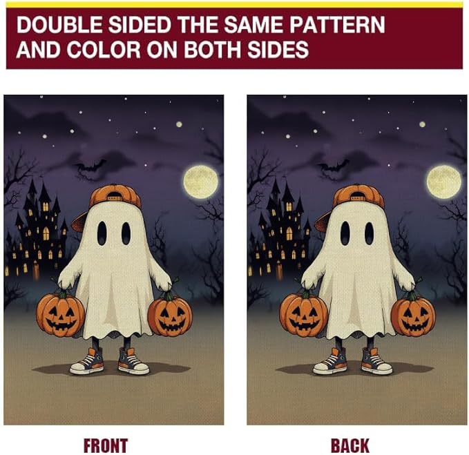 Halloween Ghost Garden Flag 12x18 Inch Double Sided, Pumpkin Castle Moon Burlap Autumn Seasonal Holiday Yard Outdoor Decor Halloween8