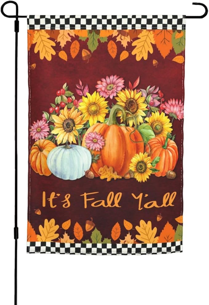 Fall Pumpkin Sunflower Daisy Pine Cones Autum Garden Flag Welcome Party Outdoor Outside Decorations Picks Home House Garden Yard Decor 12x18 Inch