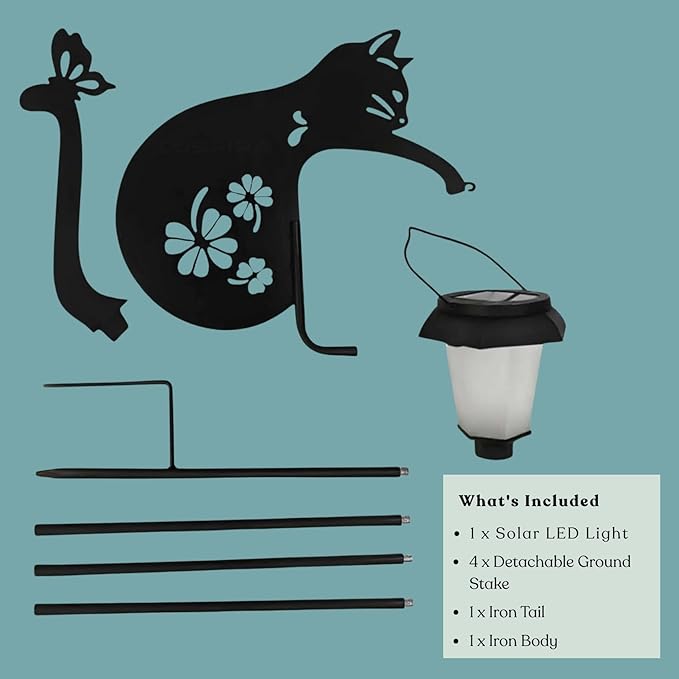 Solar Cat Garden Light, Metal Solar Lamp, Detachable Cat-Shaped Outdoor Path/Lawn Light, No Wiring Required for Garden, Courtyard, Patio, Pathway Decor, 46 Inch Height