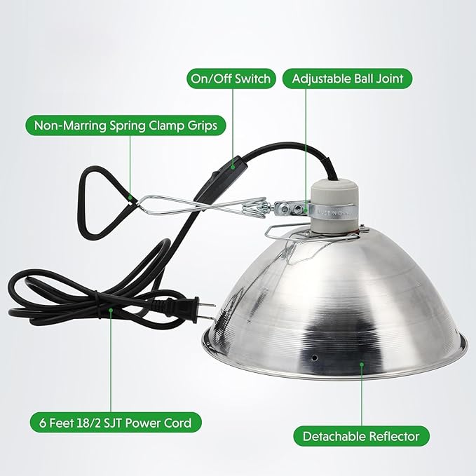 Simple Deluxe Clamp Lamp Light 10.5 Inch Adjustable Aluminum Reflector, Suit for E26 Socket Max 250 Watt Lamp (No Bulb Included), 6 Feet 18/2 SPT-2 Cord, with Bulb Guard, 2 Pack