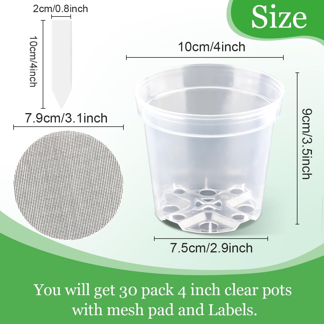 4 Inch Clear Nursery Pots for Plants, Plastic Plant Pot with Drainage Holes, Sturdy Seed Starter Pots, Small Transparent Seedling Pots with Plant Labels and Soil Screens, Gardening Gifts(30 Pack)