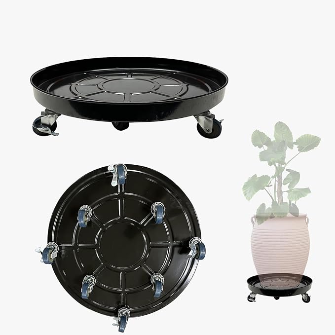 3 Pack Metal Plant Caddy with Wheels 20 Inch Black, Round Rolling Heavy Duty Plant Dolly, Heavy Plant Pot Mover Outdoors or Indoors, The Metal Wheel Can Rotate 360 Degrees or Lockable.