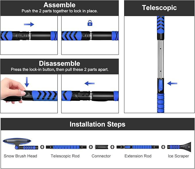 Nuovoware 60" Ice Scraper and Extendable Snow Brush for Car Windshield, 5 in 1 Adjustable Snow Removal Tools with 270° Pivoting Brush Head for Car Auto Truck SUV, Blue