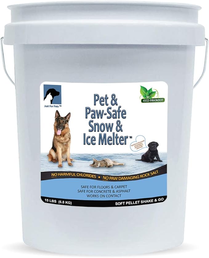 JUST FOR PETS Snow & Ice Melter Safe for Pets & Paws Contains No Toxic Chlorides or Painful to The Paw Rock Salt, Safe for Dogs & Cats. Fast Acting and Works On Contact 15 lb Pail