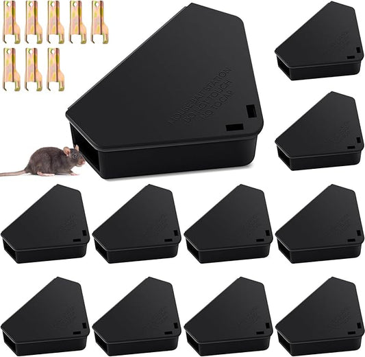 Qualirey 12 Pcs Mice Station with Key Triangle Bait Station Reusable Rodent Trap Bait Box, Keeps Children and Pets Safe Indoor & Outdoor, Bait Not Included, Suitable for Small Mice (Black)