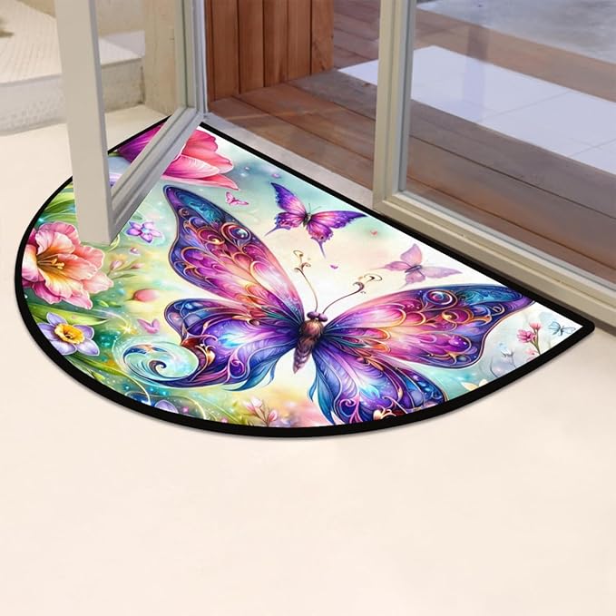 cfpolar Non-Slip Soft Half Round Door Mat, Butterfly Flower Semicircle Mat for Indoor Entrance Garage Bath Living Room Patio 24 x 36 in