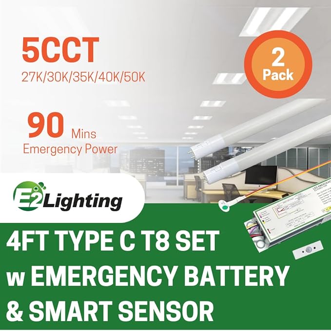 Commerical Smart LED Type C T8 Tube Light Kit with Emergency Battery Driver, 2 Tube&1 Driver, 90 Min Backup Power Replacement for T12/T5/T8 Troffer/Strip Fixtures-2 Pack (4FT w Smart Sensor)