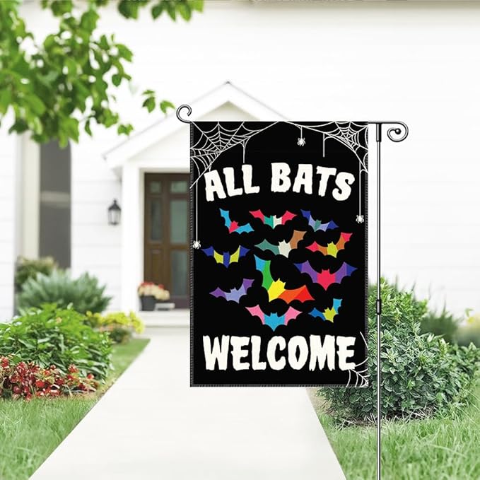 All Bats Welcome Garden Flag, Funny Equality Inclusive Yard Sign for Outside, LGBT Trans Pride Ally Flag, Halloween House Flags, Bat Fall Lawn Porch Outdoor Farmhouse Decor for Family Friend