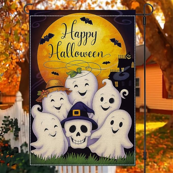 Halloween Garden Flag 12x18 Inch – Cute Ghosts and Pumpkin Skull Yard flag, Double Sided Happy Halloween Outdoor Decoration for Porch, Patio, Lawn, Garden, Birthday Party Décor