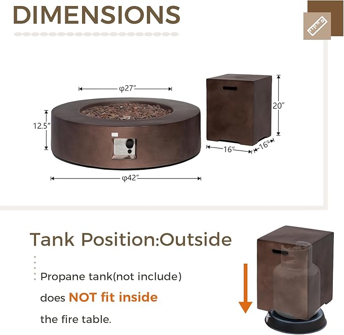 SUNBURY Outdoor 42 Inch Propane Fire Pit Table,CSA Certified,Dark Brown Patio Fire Table 50,000 BTU w 20 lbs Tank Cover, Waterproof Cover, Free Lava Rocks