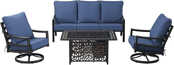 Oakland Living Black Aluminum Patio Fire Table Set with Deep Seating Sofa with Cushions and Two Club Chairs with Blue Cushions