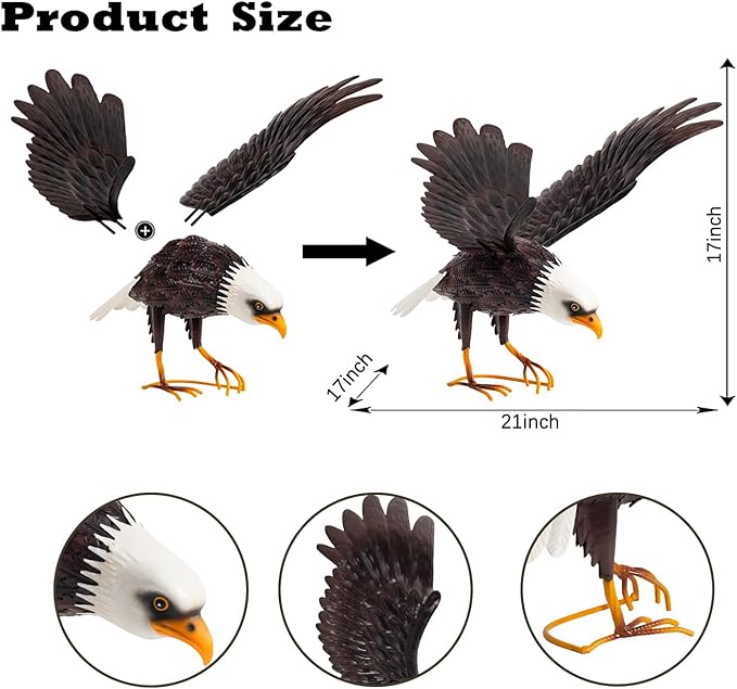 Kircust Metal Bald Eagle Large Outdoor Statues Garden Decor Sculptures Statues Outdoor Majestic America Eagle Bird Decor for Patio Yard and Lawn, 17-Inch Wide, Man Gift