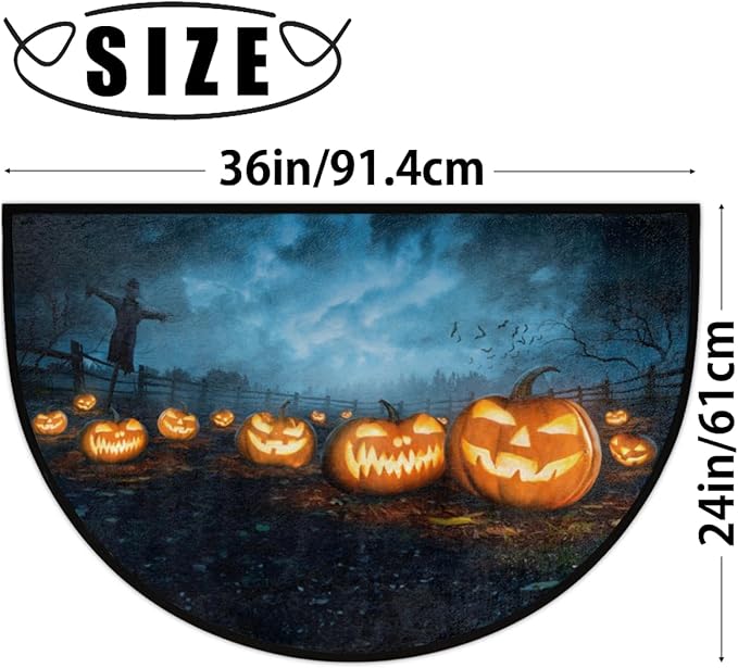 cfpolar Halloween Half Round Door Mat, Semicircle Pumpkin Doormat, Non Slip Area Rug, Soft, Wear Resistant, 24 x 36 in