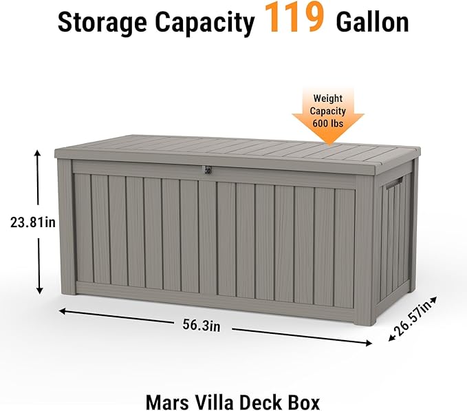 Mars Villa Deck Box, Waterproof and Weatherproof Large Resin Storage Bin with Lockable Lid, Ideal for, Outdoor, Patio Furniture Cushions, Pool Supplies, Garden Tools (119 Gallon, Grey)