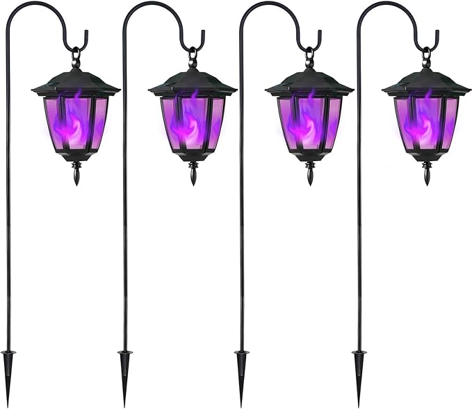 Dynaming 4 Pack Solar Halloween Flame Hanging Lights Outdoor, Flickering Flame LED Garden Lanterns with 4x38 Inch Shepherd Hooks, Landscape Lighting Waterproof for Lawn Yard Pathway Driveway, Purple