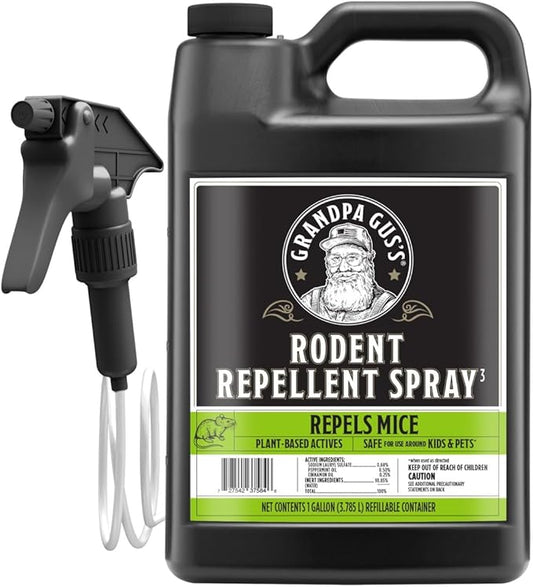 Grandpa Gus's Rodent Repellent Spray with Sprayer, Natural Peppermint & Cinnamon Oils Repel Mice and Stop Rats, 1 Gallon (Pack of 1)