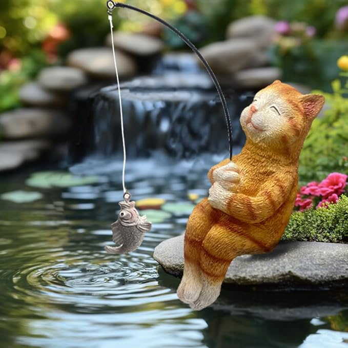 Cat Fishing Statue Garden Decor – 9.8" Weatherproof Resin Cat Fishing Sculpture Decor for Fish Ponds, Koi Ponds, Waterfalls, Poolside & Outdoor Gardens– Resin Figurine for Indoor & Outdoor Décor