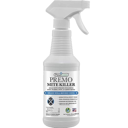 Premo Guard Mite Treatment Spray – 16 oz – Kills Dust, Scabies, Spider, Carpet, Bird, Mouse & Rat Mites in Home, on Furniture, Bedding – Natural Non-Toxic 100% Effective – Child & Pet Safe