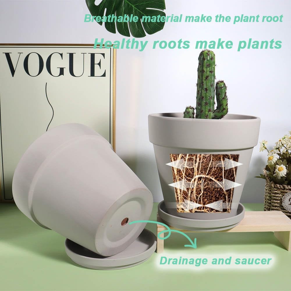 vensovo 6 Inch Grey Terracotta & Clay Pots for Plant with Saucer - 4 Pack Medium Terra Cotta Planter with Drainage Hole, Flowerpot for Indoor Outdoor Plants, Crafts, Wedding Favor