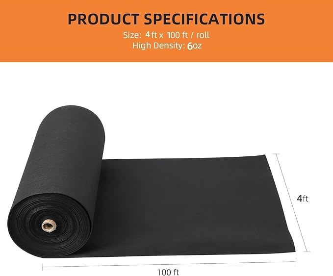 Geotextile Landscape Fabric 4ft x 100ft | 6oz PP Non-Woven Weed Barrier | 350N Tensile Strength & 440N Load Capacity for Driveway Stabilization, French Drains, Erosion Contro