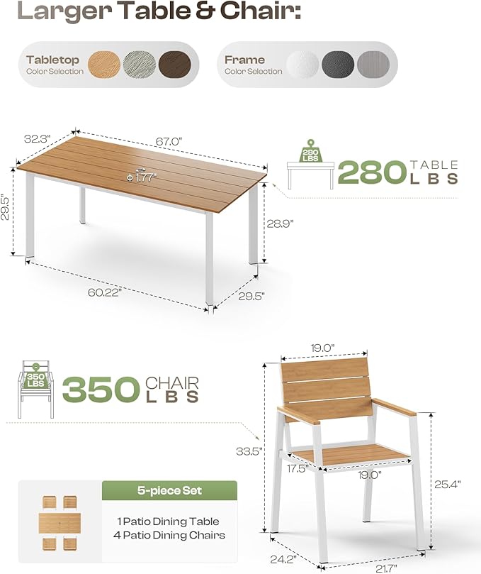 HDPS Outdoor Patio Dining Chairs Set of 2, 350LBS Capacity Aluminum Patio Dining Chairs with Armrests, Weather-Resistant for Lawn, Garden, Yard, Poolside and Indoor Use, White & Teak