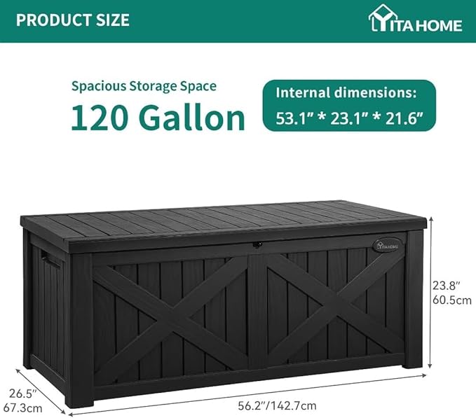 YITAHOME 120 Gallon Large Outdoor Storage Box with X-Shaped Front, Waterproof Resin Deck Box Cushion Storage Bench for Patio, Pool Supplies, Garden Tools - Lockable, Black