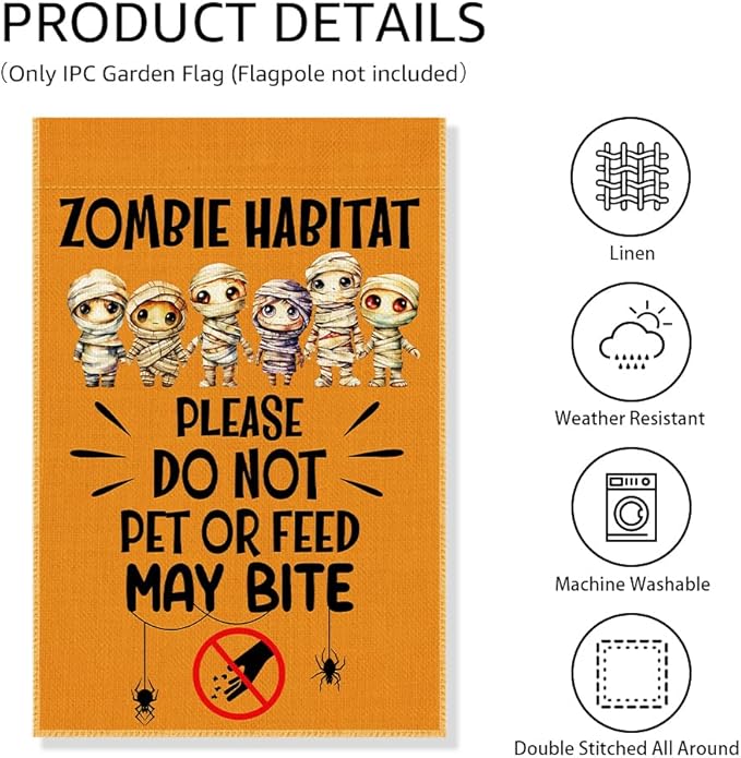 Zombies Habitat Please Do Not Pet Or Feed May Bite Garden Flag, Zombies Welcome Halloween Flag, Funny Skull Yard Sign for Outside, Spooky Season Outdoor Porch Lawn Fall Halloween Decor