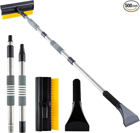 53'' Extendable Retractable Snow Brush & Ice Scraper for Cars/SUVs/Trucks - 360° Rotating Detachable Head, 10" Scratch-Free Squeegee, Ergonomic Foam Handle Winter Cleaning Tool (Yellow&Black)