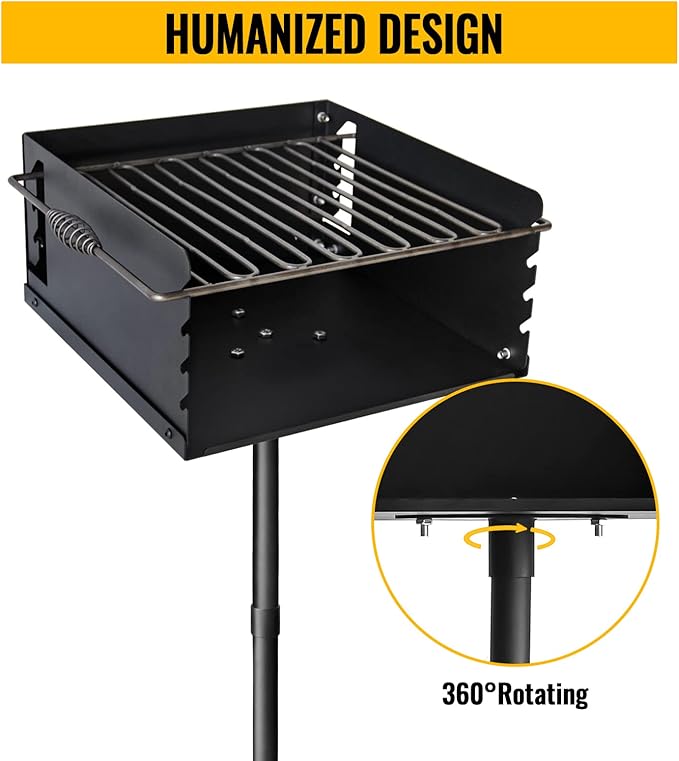 16x16 Inch Park-Style Heavy Duty Steel Charcoal Grill: An Outdoor BBQ Solution with Grate and Single Post Design for Backyard Barbecues and Camping