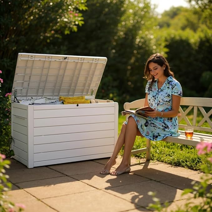 230 Gallon Deck Storage Box Outdoor Patio Container – Weather-Resistant, Lockable Outdoor Storage Solution for Patio, Garden, and Poolside (White)
