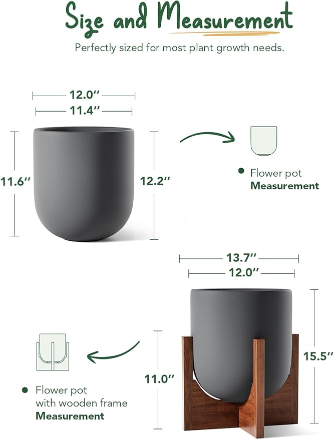 LE TAUCI 12 Inch Planter with Acacia Wood Stand, Ceramic Large Plant Pot for Indoor Plants, Cylinder Pots with Drainage Hole and Plug, Charcoal Gray