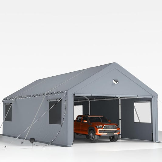13x25FT Heavy Duty Carport Canopy,Extra Large Portable Car Tent Garage with Roll-up Windows and All-Season Tarp Cover,Removable Roof&Side Walls for Car,SUV,Boats&Truck Shelter Logic Storage