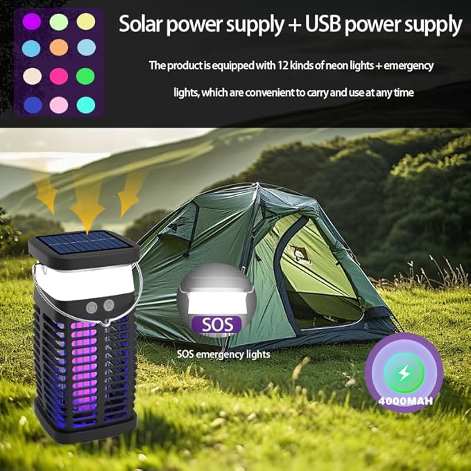 Solar Bug Zapper Outdoor Waterproof:Mosquito Repellent Outdoor Patio, Fly Trap Indoor, 4000mAh Mosquito Killer with LED Colorful Light and Cleaning Brush for Home Kitchen Garden Camping Essentials