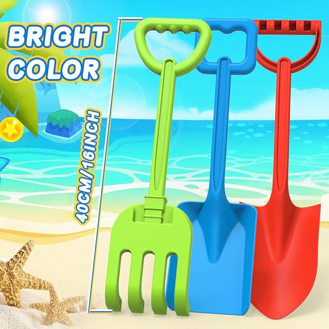 3 PCS Beach Shovel Sand Shovels Toys for Kids Adults, 16 Inch Spade Rake Sandbox, Sturdy Scoop Trowel Garden Digging Planting Tool Kit, Kids Snow Shovel Outdoor Play Summer Vaction Gift Party Favor
