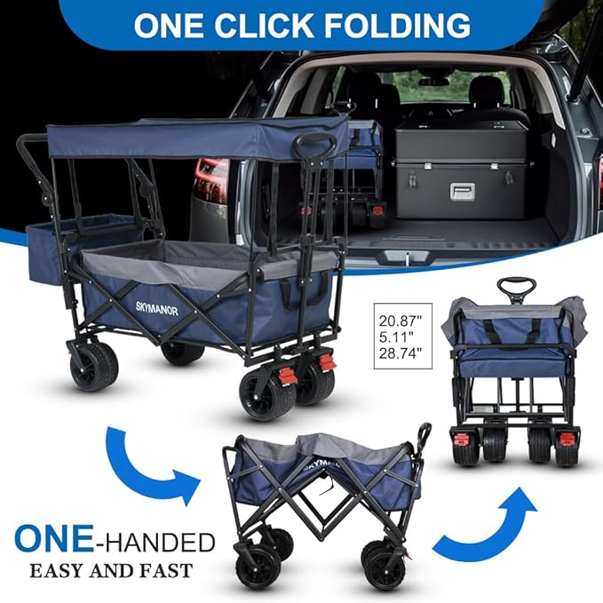 SKYMANOR Collapsible Wagon with Removable Canopy, 3-in-1 Heavy Duty Garden Cart with Big All-Terrain Wheels, Brakes, Adjustable Push Pull Handle, Cooler Bag, 300LBS Wagon Cart for Camping (Blue)