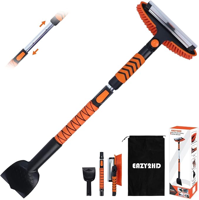 Eazy2hD 3 in 1 Snow Brush with Ice Scrapers, 43.31" Extendable Window Ice Removal with Squeegee for Windshield, 180° Pivoting Brush Head Cleaner Tool for Car, Auto, SUV, Truck