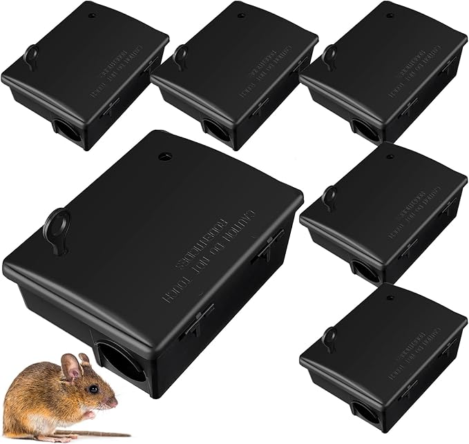 Qualirey Rat Bait Stations Large Rodent with Key Reusable Mouse Stations Mice Blocks Heavy Duty Boxes for Outdoor Rodents Mice Blocks, Bait Not Included(Black,6 Pack)