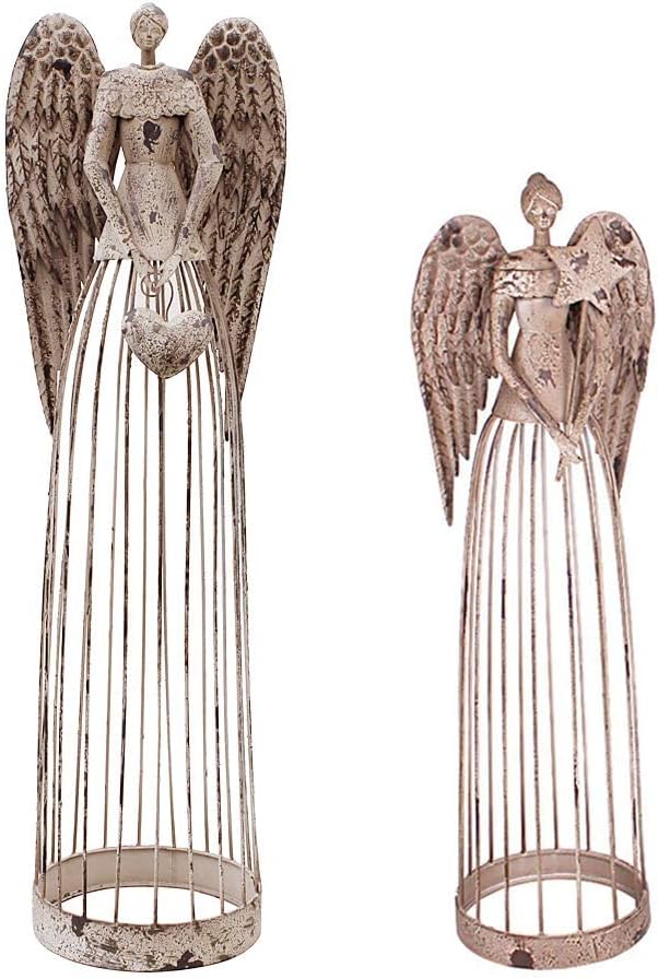 Linfevisi Garden Angel Statue Decor Rustic Metal Angel Sculpture Garden Yard Art Heavenly Home Decor Antiqued Accent Housewarming Gift 2 Pack (Star & Heart)